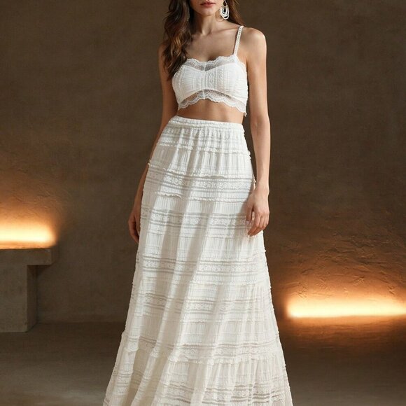 White Elegant Womens European Lace Two-Piece Set - Picture 3 of 7